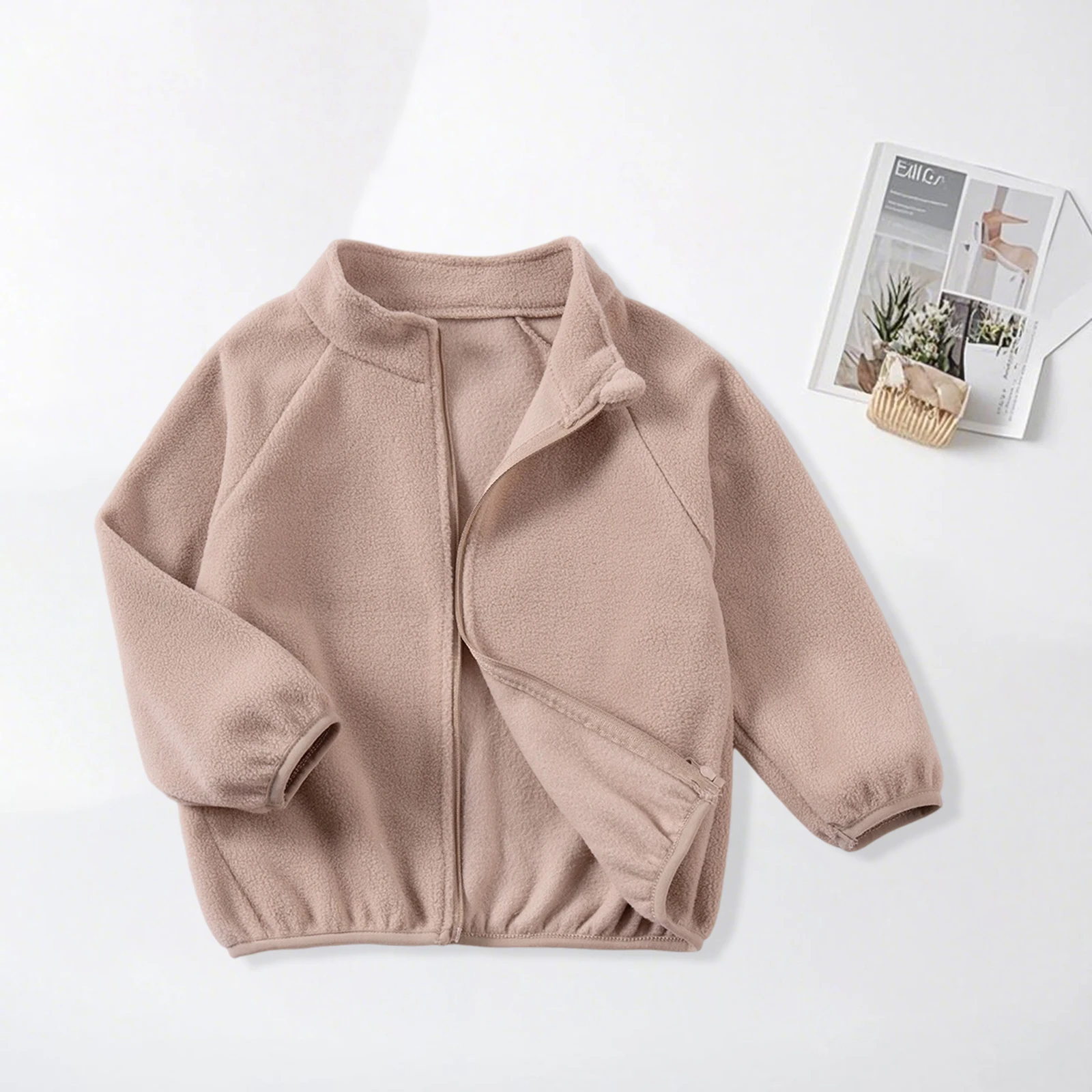 Abrigo de lana Polar para niñas de 1 a 7 años, chaqueta de primavera y otoño con cuello levantado y cierre de cremallera de manga larga de Color sólido