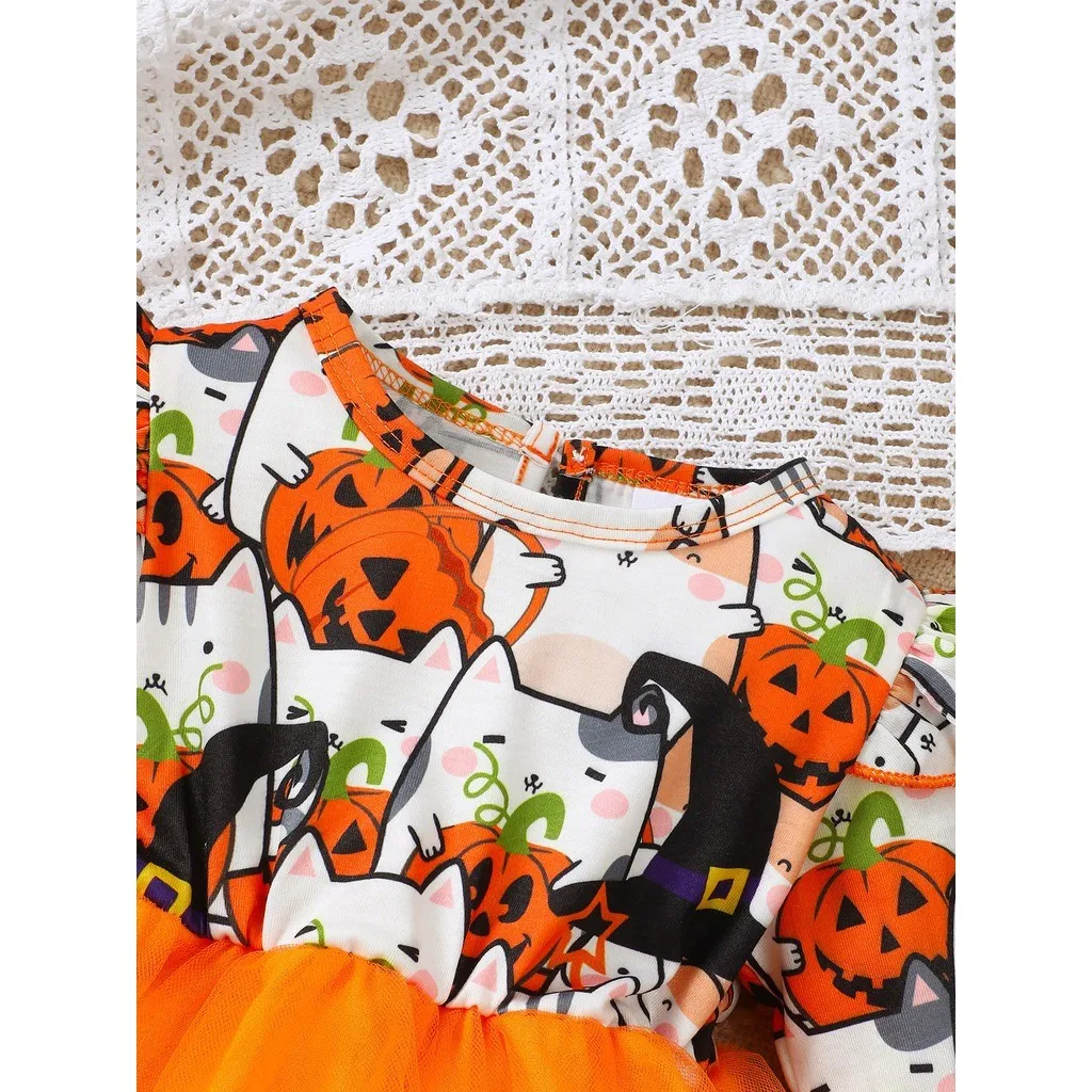 Vestido de Halloween niña malla calabaza gatito manga larga infante - imagen 2
