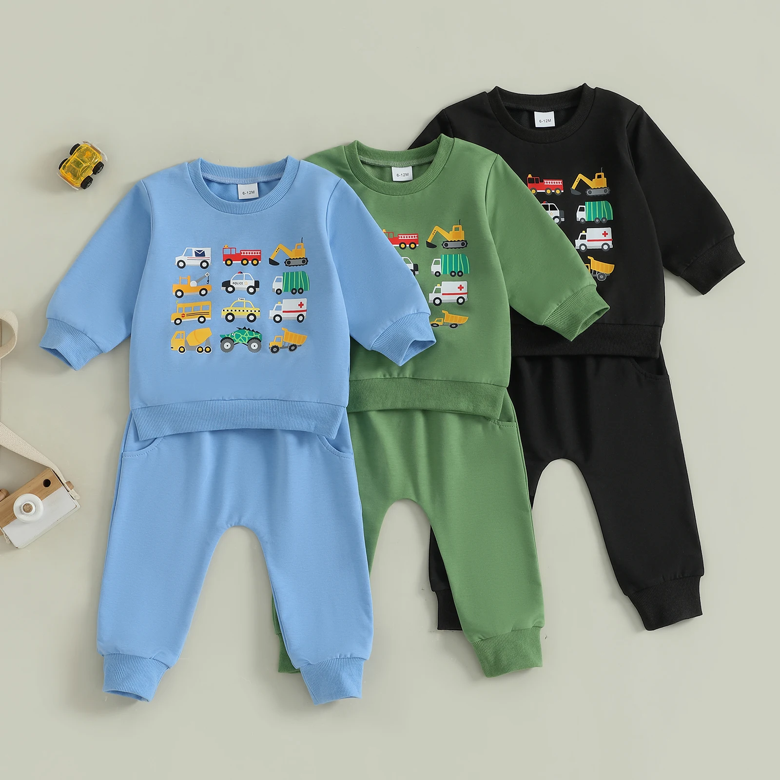 Conjunto de otoño para bebé, sudadera de manga larga con estampado de vehículo y pantalones de cintura elástica, ropa de 2 piezas para niños pequeños - imagen 2