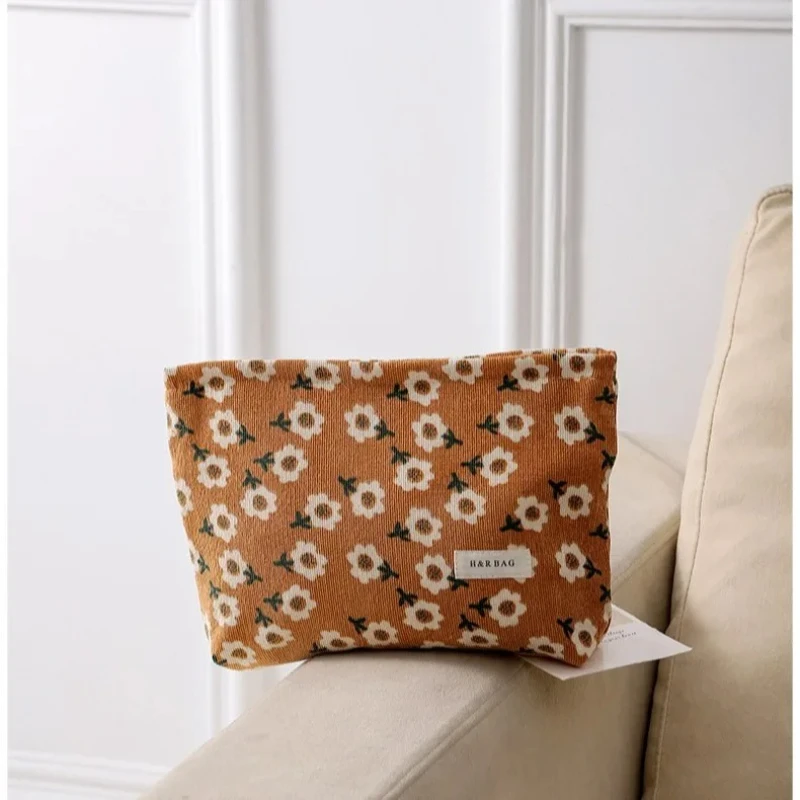 Bolsa de maquillaje de pana floral vintage con cremallera gran capacidad forro suave - imagen 4