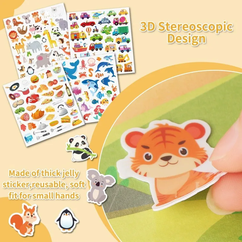 Libro de pegatinas de gelatina reutilizable para niños, pegatinas de animales de dibujos animados/vehículo/cocina DIY, libro creativo silencioso y ocupado, juguetes para regalo para niños - imagen 5