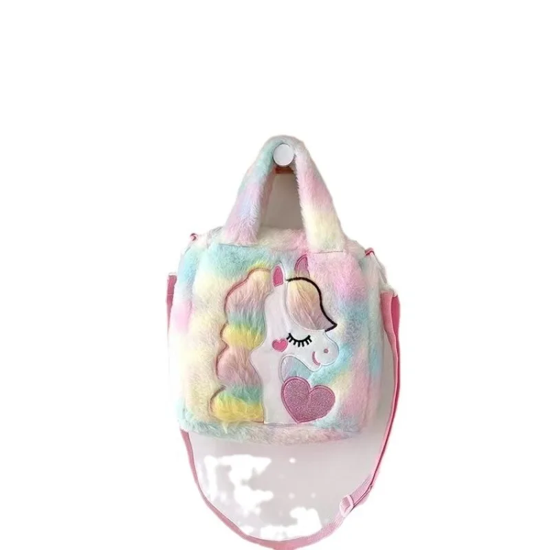 Nuevo diseño de dibujos animados colorido unicornio de peluche niños pequeños bolso lindo Animal relleno bolso de hombro para niño pequeño bolso suave y esponjoso - imagen 5