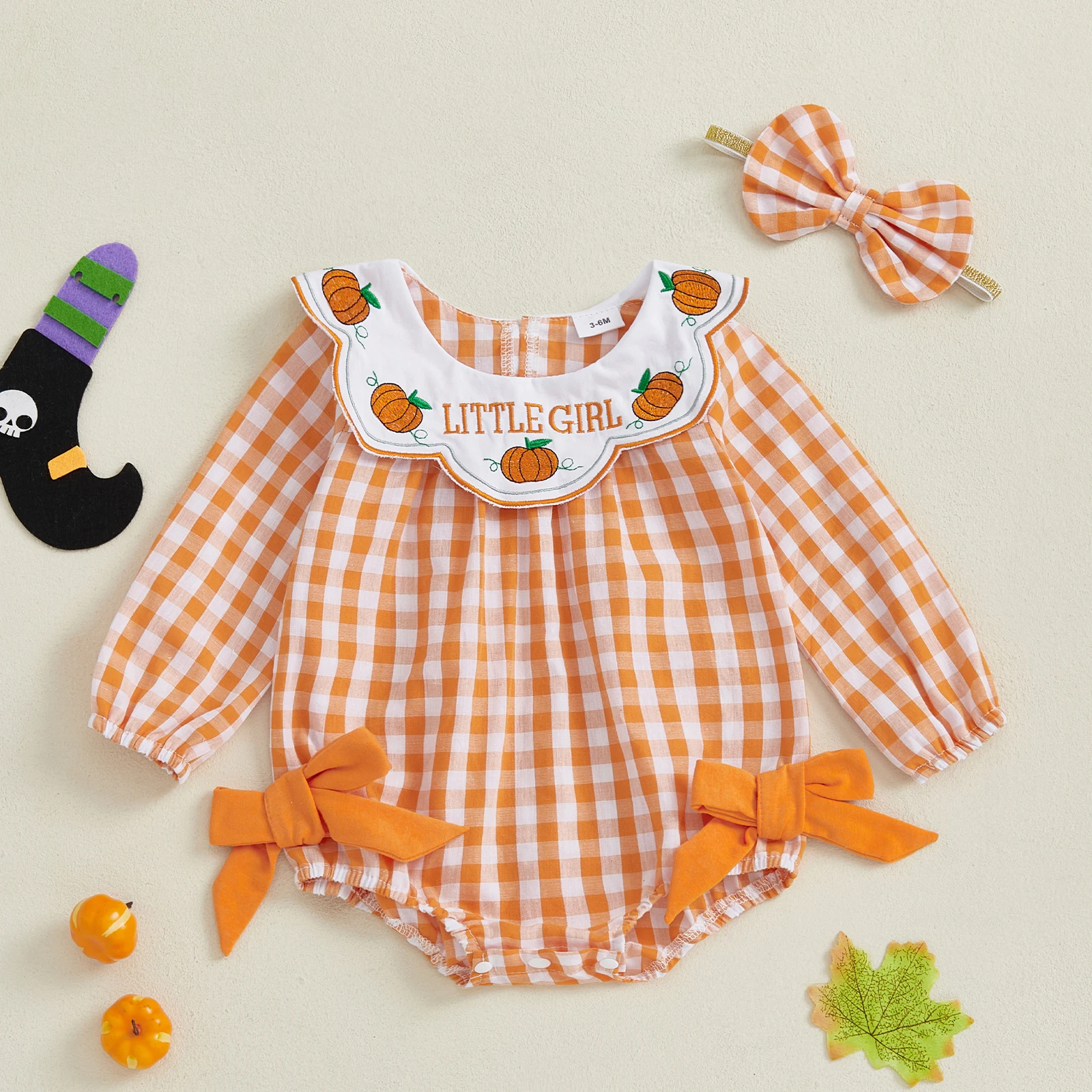 Mameluco a cuadros de otoño para niñas, mono de burbujas de manga larga con cuello redondo y volantes bordados de calabaza de Halloween con diadema con lazo