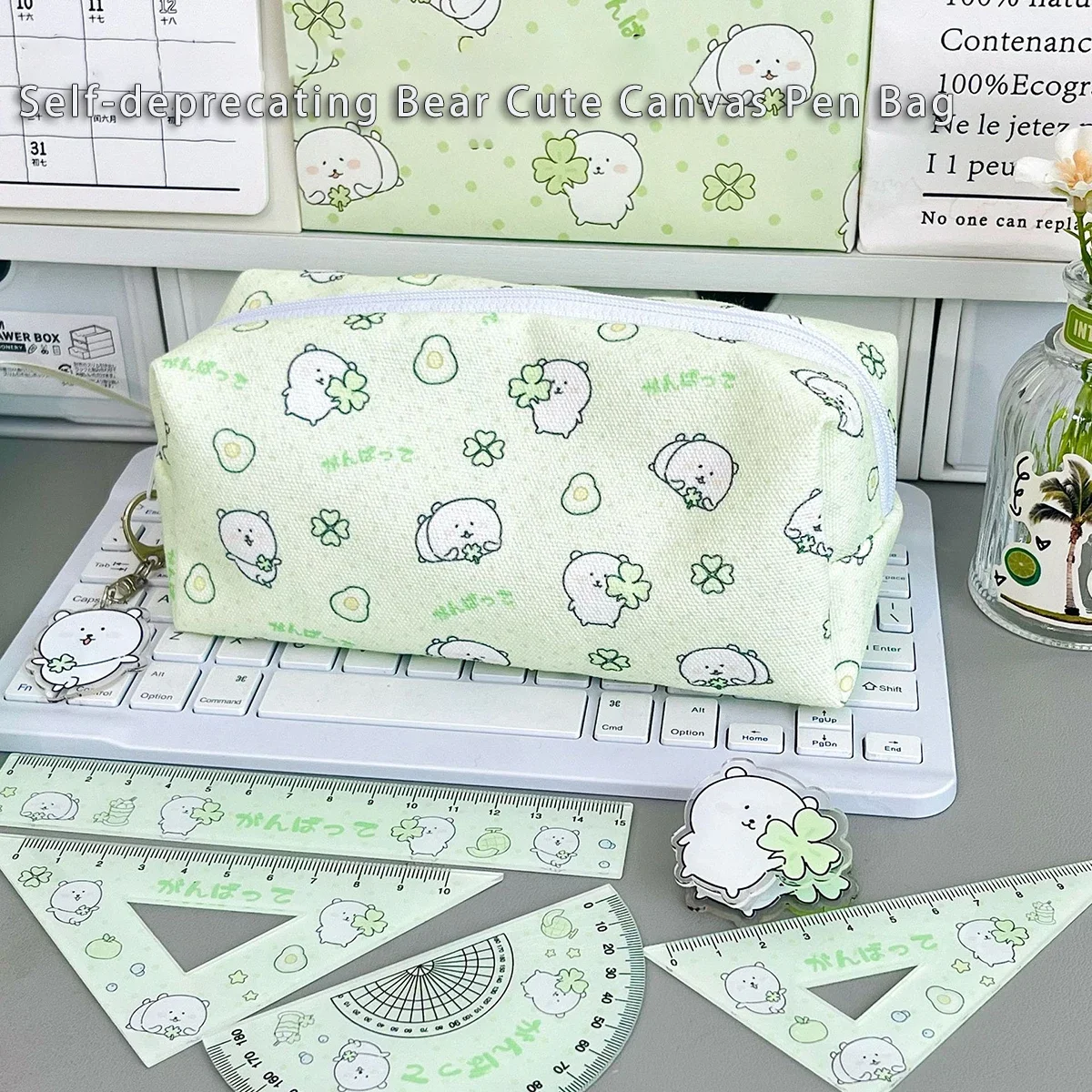 Estuche para lápices de oso autoblocante de dibujos animados, bolsa de lona de gran capacidad para estudiantes de escuela, organizador de papelería coreano, bolsa de almacenamiento - imagen 2