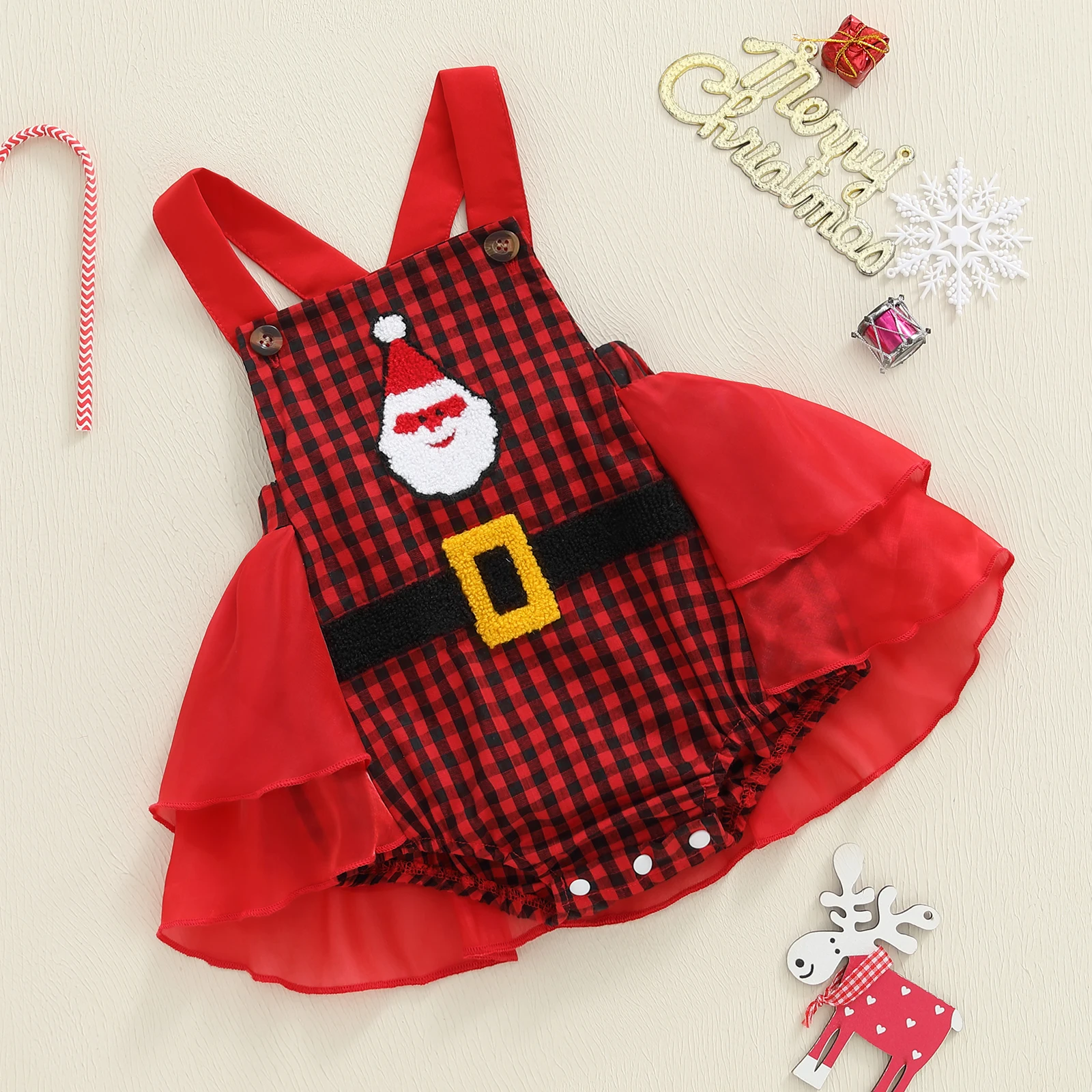 SUNSIOM Bebé Navidad Mameluco Mono Cinturón Sombrero Bordado Sin Mangas Mono A Cuadros para Niñas Infantiles - imagen 3