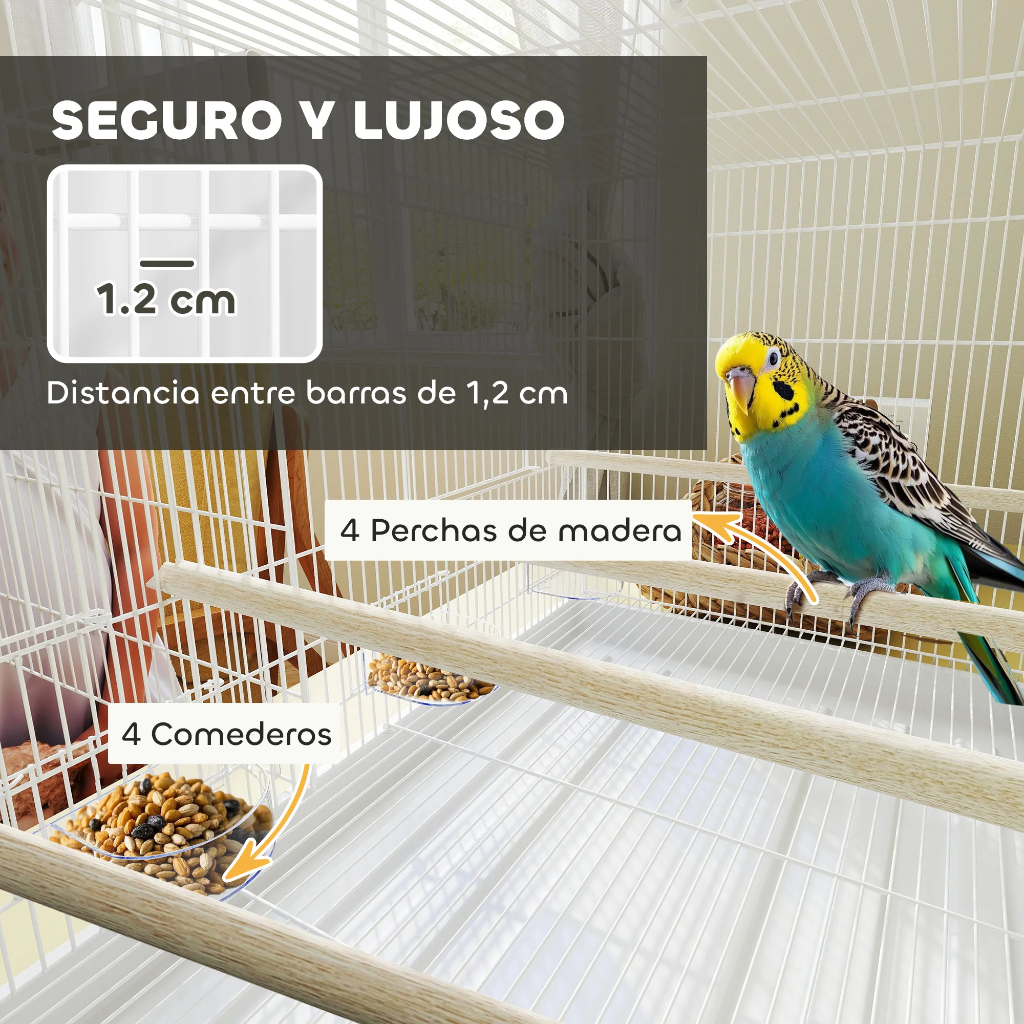 PawHut Jaula para Pájaros con Divisor Pajarera con 4 Comederos 4 Perchas y Bandeja Extraíble Jaula para Loros Canarios Periquitos 76x46x46 cm Blanco - imagen 5