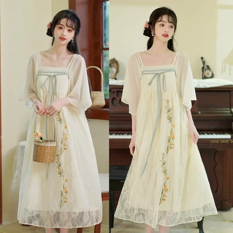 1681 Vestido largo de maternidad de gasa bordada de verano, ropa holgada y recta de estilo Han para mujeres embarazadas, embarazo Vintage - imagen 4