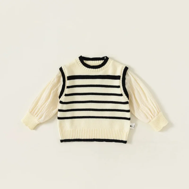 Suéter a rayas de dos piezas de imitación de otoño para niña con mangas abullonadas dulces, Top de punto elegante, informal y versátil, suave y acogedor