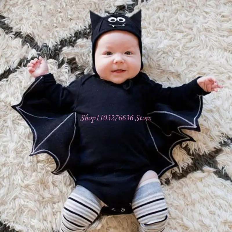 R6FD elegante conjunto peleles y sombrero murciélago algodón para niños pequeños ropa Halloween mono - imagen 4