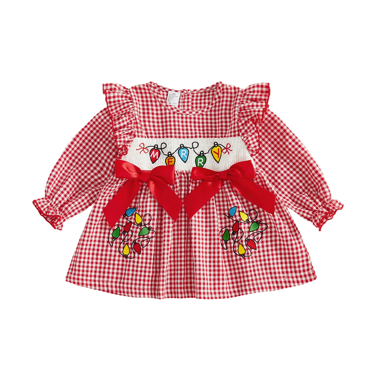 Vestido casual para niñas, manga larga, cuello redondo, bordado a cuadros, otoño, vestido de línea A, disfraz de Navidad