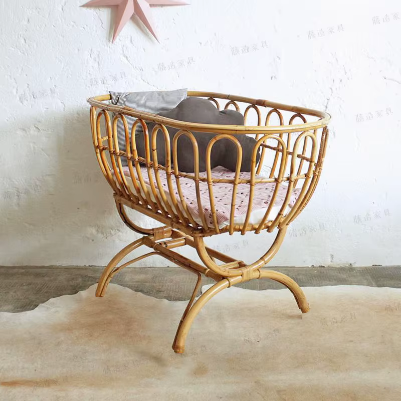 Cuna de mimbre artesanal con madera maciza – Estilo japonés - imagen 5
