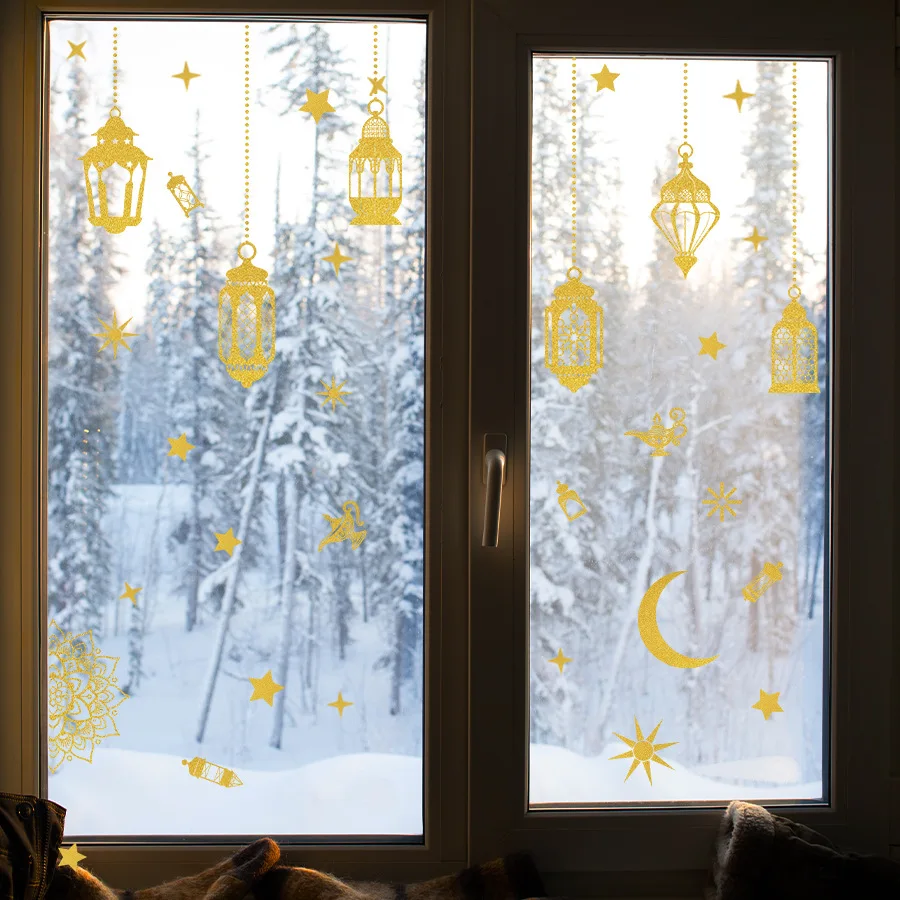 Pegatinas de ventana de linterna de Luna y estrella dorada, pegatinas de pared para decoración de Ramadán, dormitorio, sala de estar, pegatinas de decoración de pared del hogar - imagen 4
