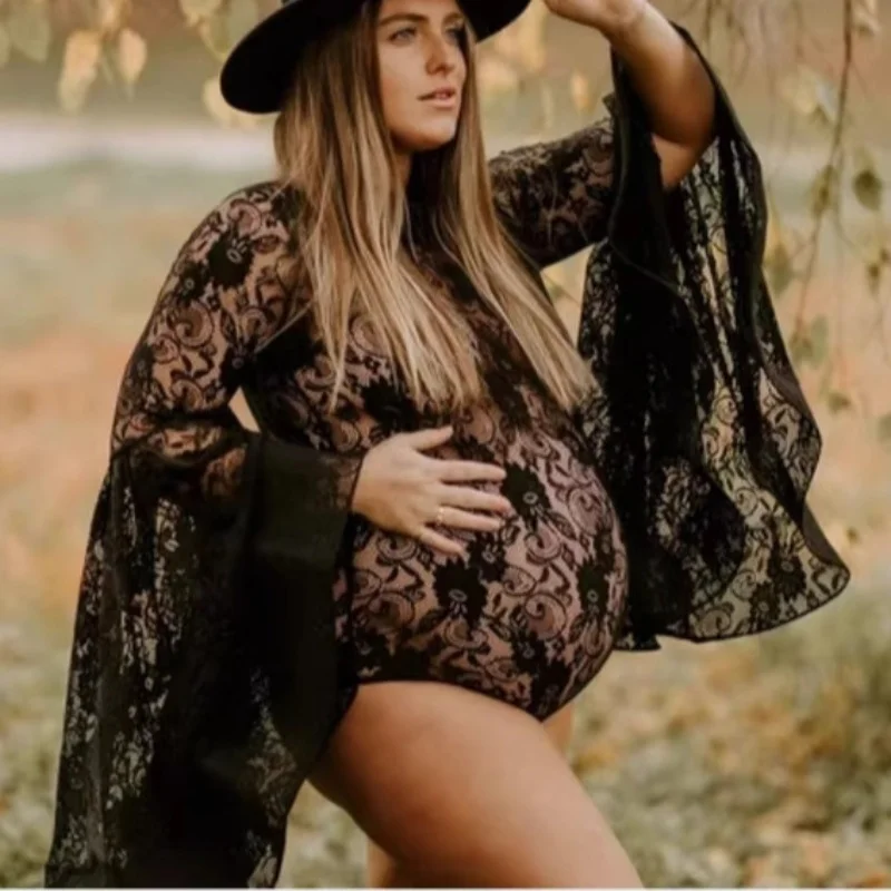 Nuevo vestido de fotografía de maternidad de encaje perspectiva Sexy mujer ropa de manga de murciélago fotografía de maternidad mono - imagen 3