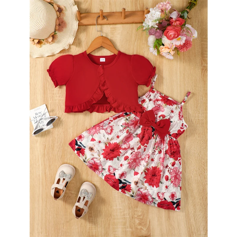 Conjunto de vestido de 2 piezas para niña, cárdigan de manga de burbuja, vestido Floral con tirantes y lazo, ropa de moda de verano, Atuendo para niño de 1 a 6 años