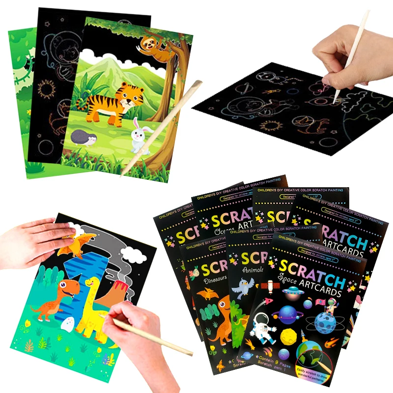 18 Uds. De papeles para pintar y rayar, juego de dibujo mágico de colores arcoíris, Animal espacial, océano, pirata, palo de bambú, regalos para niños y niñas ZYF