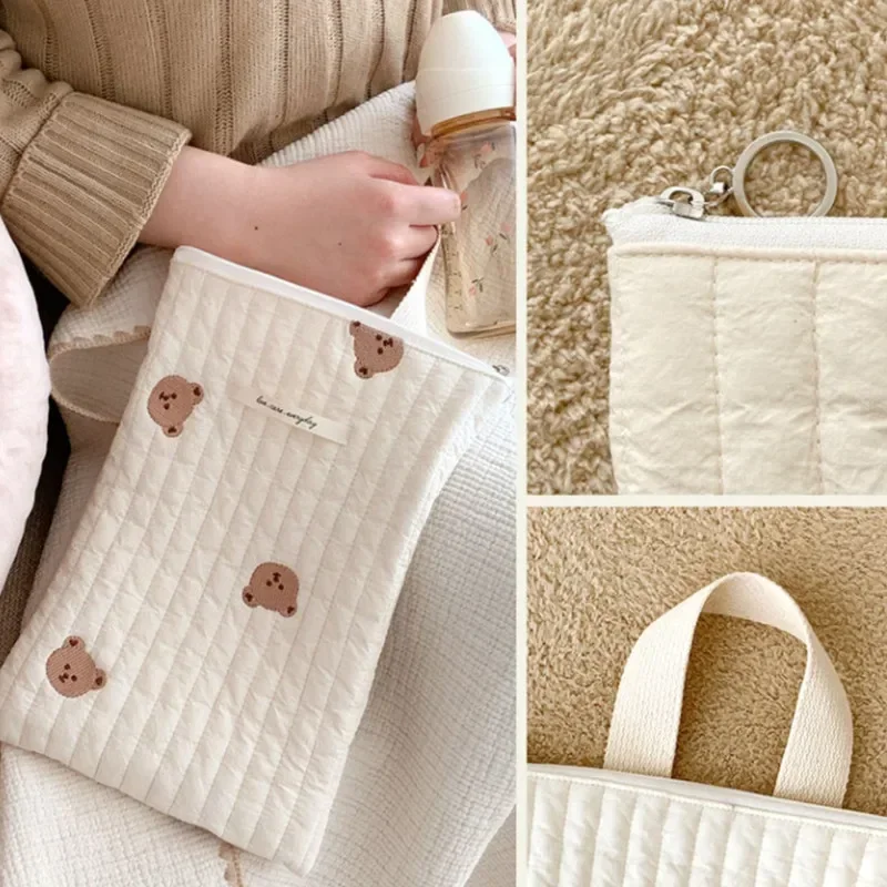 Bolsa de pañales acolchada estilo dibujos animados Ins con bordado, bolso coreano para mamá con correas para cochecito, bolsa organizadora para bebé de gran capacidad - imagen 2