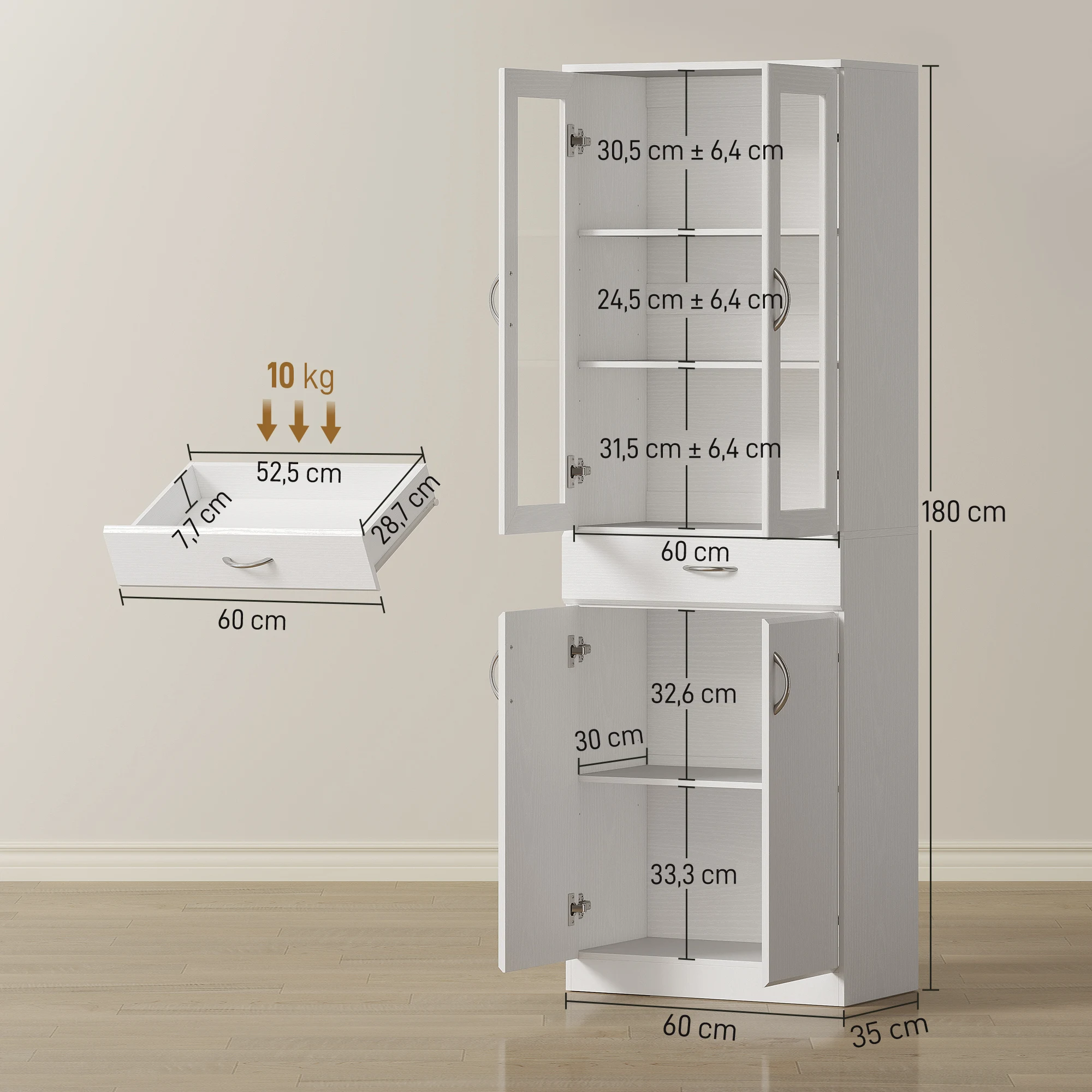HOMCOM Alacena de Cocina, Mueble Auxiliar de Cocina con Puertas de Vidrio, Cajón, Estantes Ajustables, para Comedor, Salón, Blanco, 60x35x180 cm - imagen 3