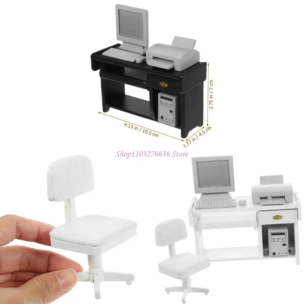 R6FD 1/12 소형 사무실 장면 책상 의자 프린터와 인형 집 사무실 독서 방 장면 디스플레이를위한 컴퓨터가 포함 된 미니어처 사무실 장면 모델