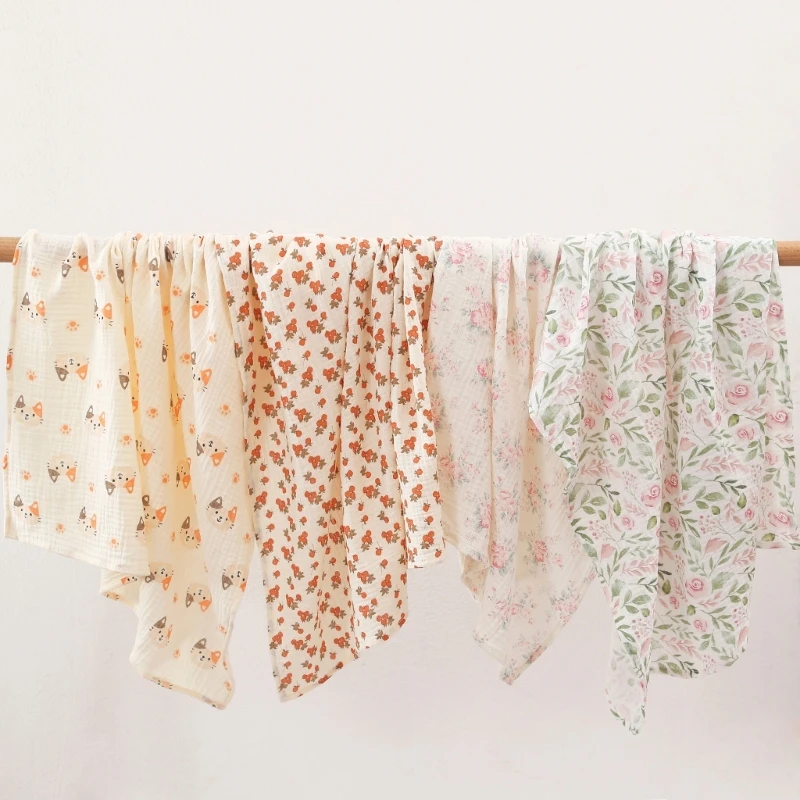 Manta de algodón con estampado Floral para bebé, manta de muselina para pañales, tela arrugada para cochecito de recién nacido - imagen 3