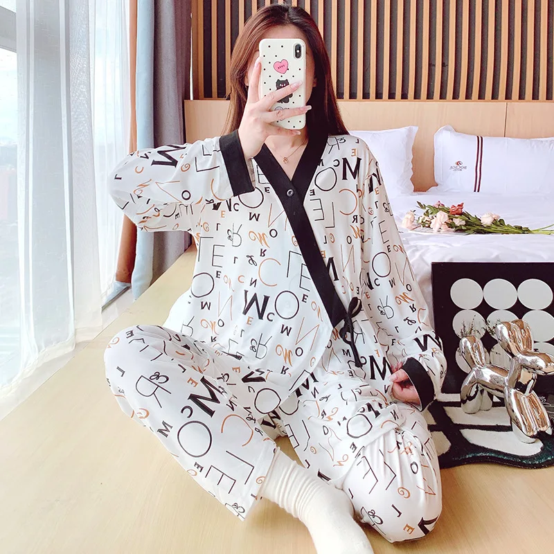 Ropa de dormir para mujer embarazada, conjuntos de pijamas de lactancia, ropa de maternidad a la moda, Tops de lactancia de algodón con encaje + conjunto de pantalones - imagen 3