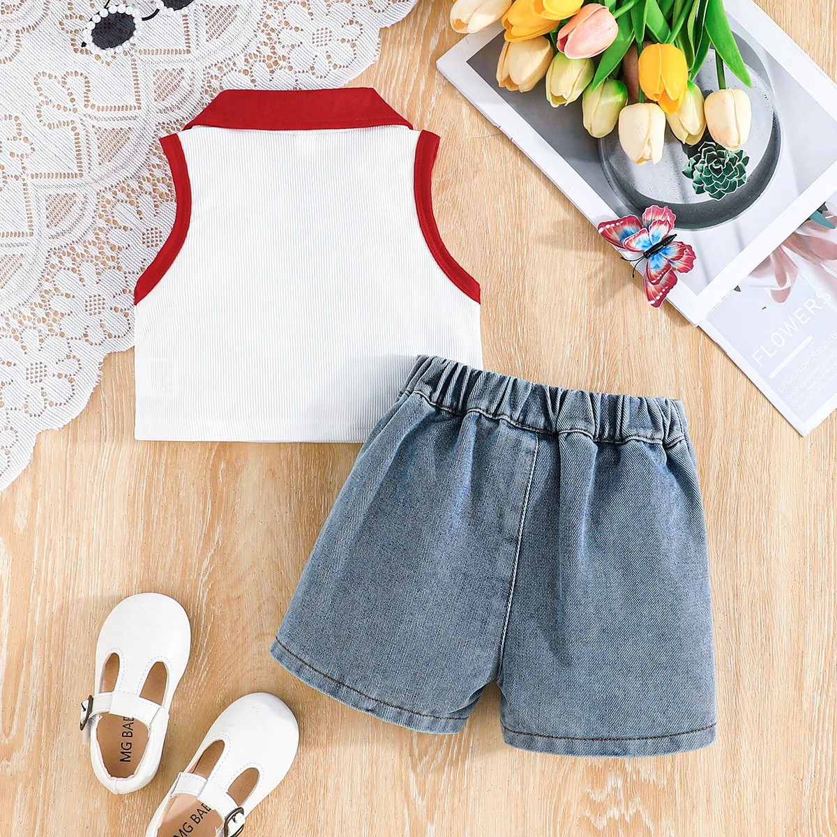 Conjuntos de 2 piezas de verano para niñas, moda coreana, Tops de algodón sin mangas con cuello en V y pantalones cortos vaqueros, ropa de Boutique para niños B032 - imagen 3