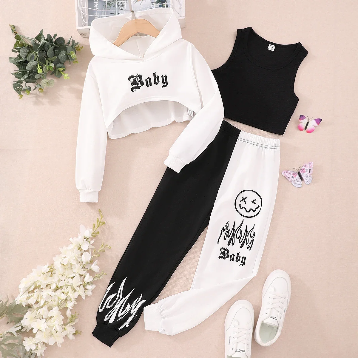 Conjunto de ropa de manga larga para niños y niñas, Top con capucha de 3 piezas, chaleco y pantalones de colores contrastantes, traje para primavera y otoño, 2024 - imagen 2