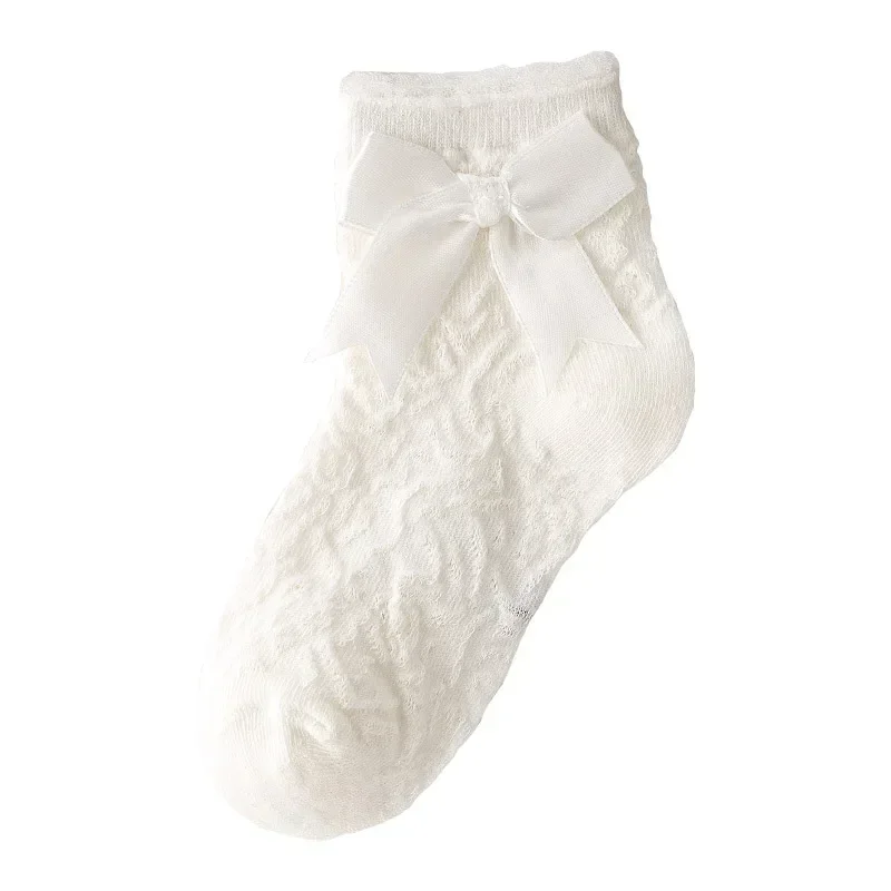 Calcetín de Color blanco y negro para niña, calcetín hasta la pantorrilla con volantes y agradable arco para niño pequeño, calcetines finos transpirables para primavera y verano, accesorios de ropa - imagen 5