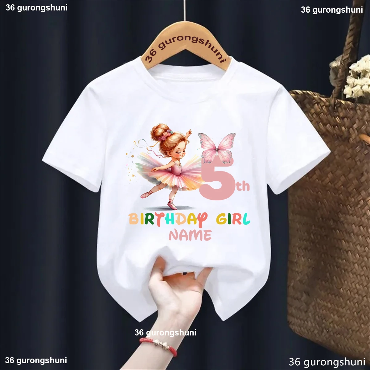 Camiseta cumpleaños niña – Estilo ballet kawaii con mariposas blancas