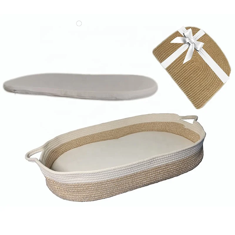Cesta para cambiar pañales de bebé, cuerda de algodón tejida, cesta para dormir para bebé, cama de viaje plegable con cuerda de algodón para cambiar pañales con almohadilla - imagen 4