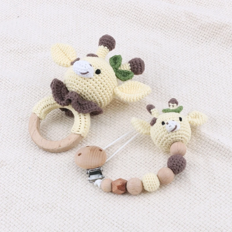Sonajero de Animal de dibujos animados de ganchillo para bebé, anillo de madera kawaii, sonajero para recién nacido, juguetes hechos a mano, Clips para chupete, juguetes educativos para niños - imagen 3