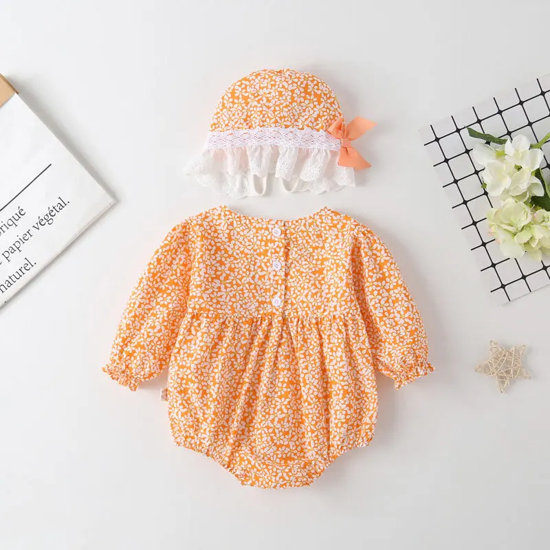 Body de verano para niñas recién nacidas, moda coreana, bonito lazo, flores, encaje, monos de manga larga de algodón + sombrero, ropa para bebés BC1836 - imagen 3
