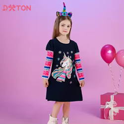 DXTON Vestido Unicornio Niña Algodón - Diseño Copo Nieve Año Nuevo