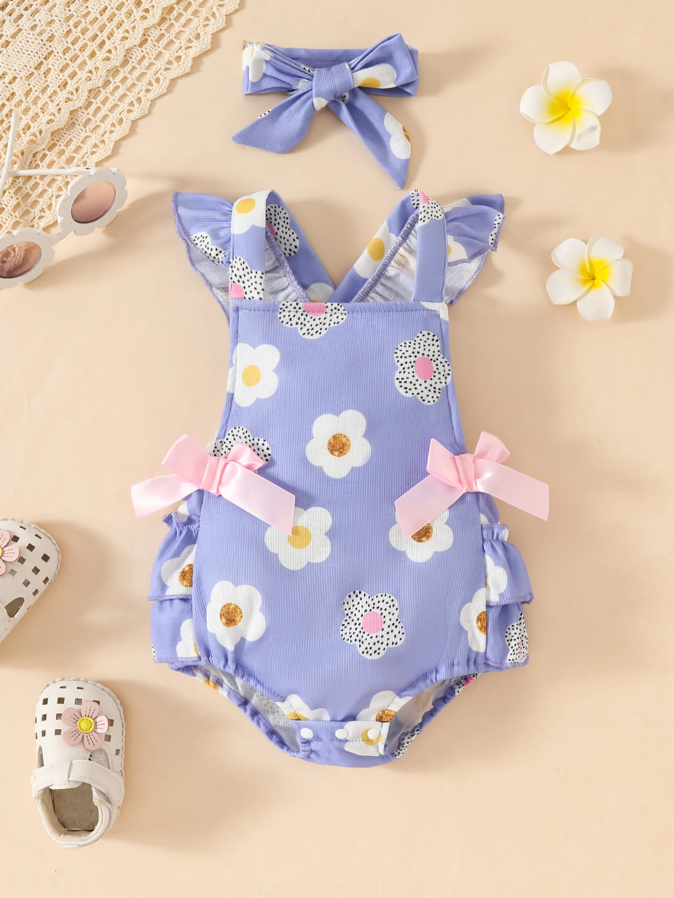 Pelele bonito para niña de 0 a 12 meses, mono sin mangas con espalda descubierta y estampado de flores + diadema, trajes de verano, mono para niña pequeña
