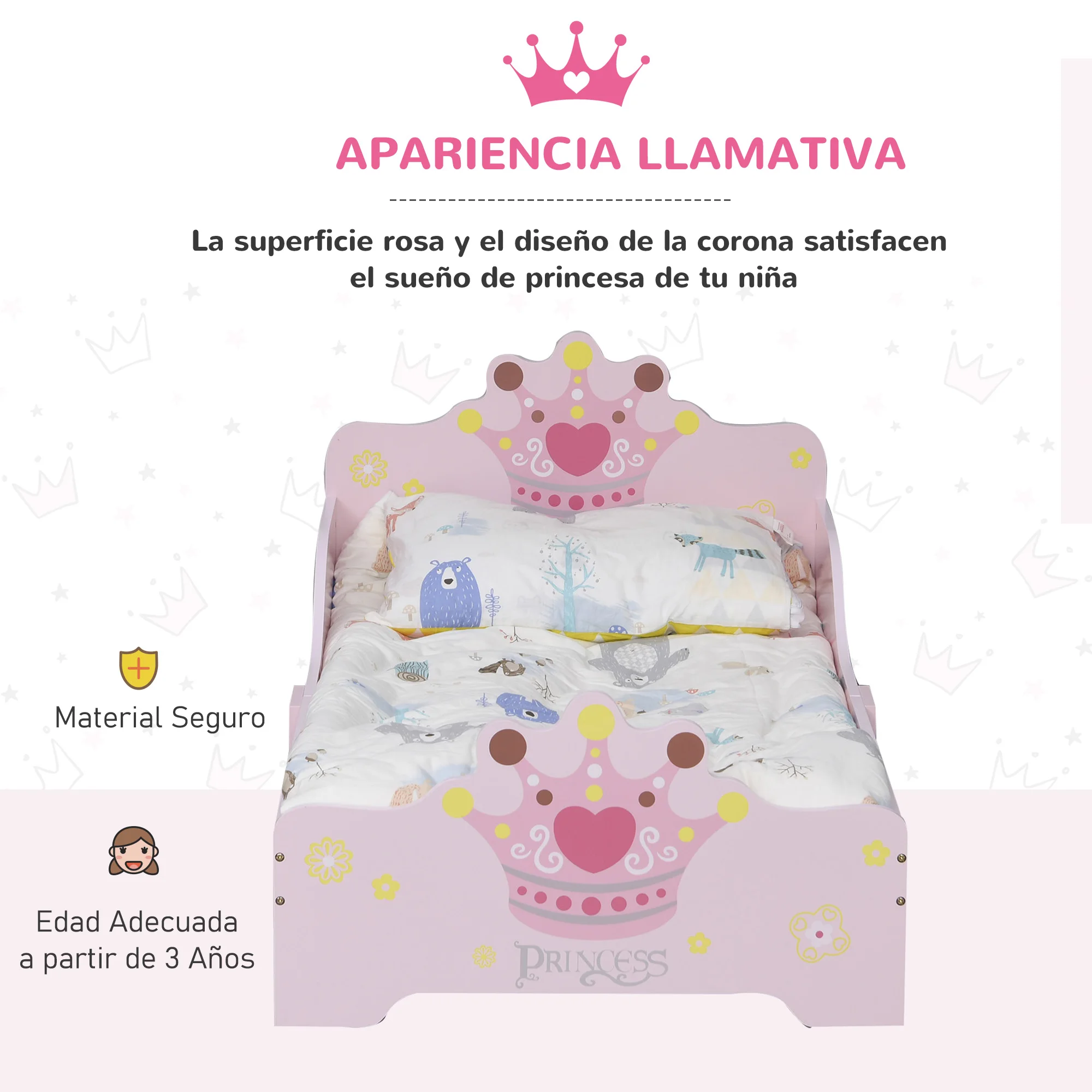 HOMCOM Cama para Niños de +3 Años 143x73x60 cm Cama Infantil de Madera con Estampado de Corona Carga 50 kg para Dormitorio Rosa - imagen 4