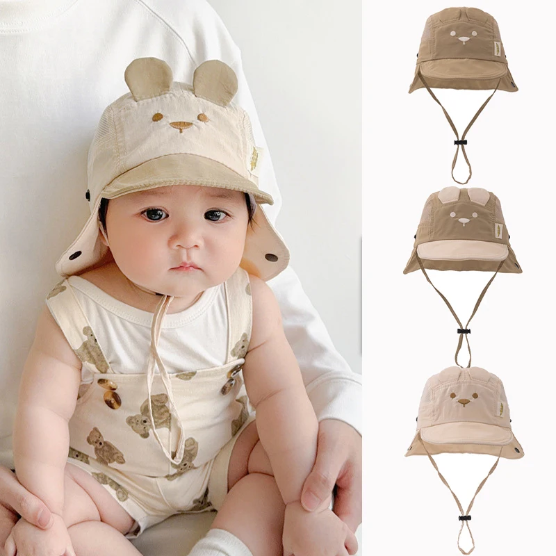 Sombrero de verano para niños, protección del cuello, gorra de pescador, bonitos sombreros de dibujos animados para niños pequeños, protección Uv, sombreros de cubo plegables para bebés al aire libre