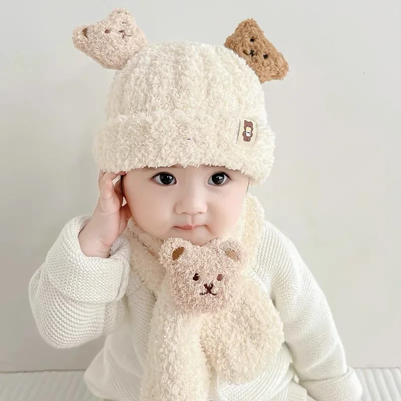Conjunto de gorro y bufanda cálidos para bebé, gorro de invierno grueso con bonito oso para niños y niñas, accesorios de fotografía recién nacido de lana a prueba de viento - imagen 3