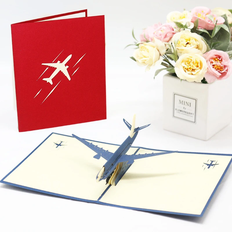 Tarjeta de felicitación estilo avión 3D, sobre novedoso para Festival, modelo de decoración, tallado en papel, plegable, suministro de reunión de Festival DIY TMZ