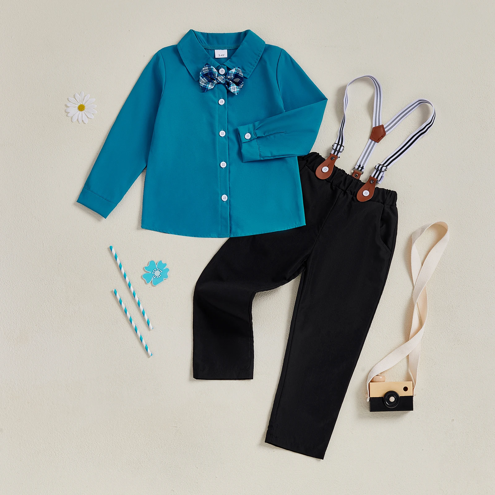 Conjunto formal de 2 piezas para niño pequeño, camisas con pajarita de manga larga y pantalones con tirantes - imagen 2