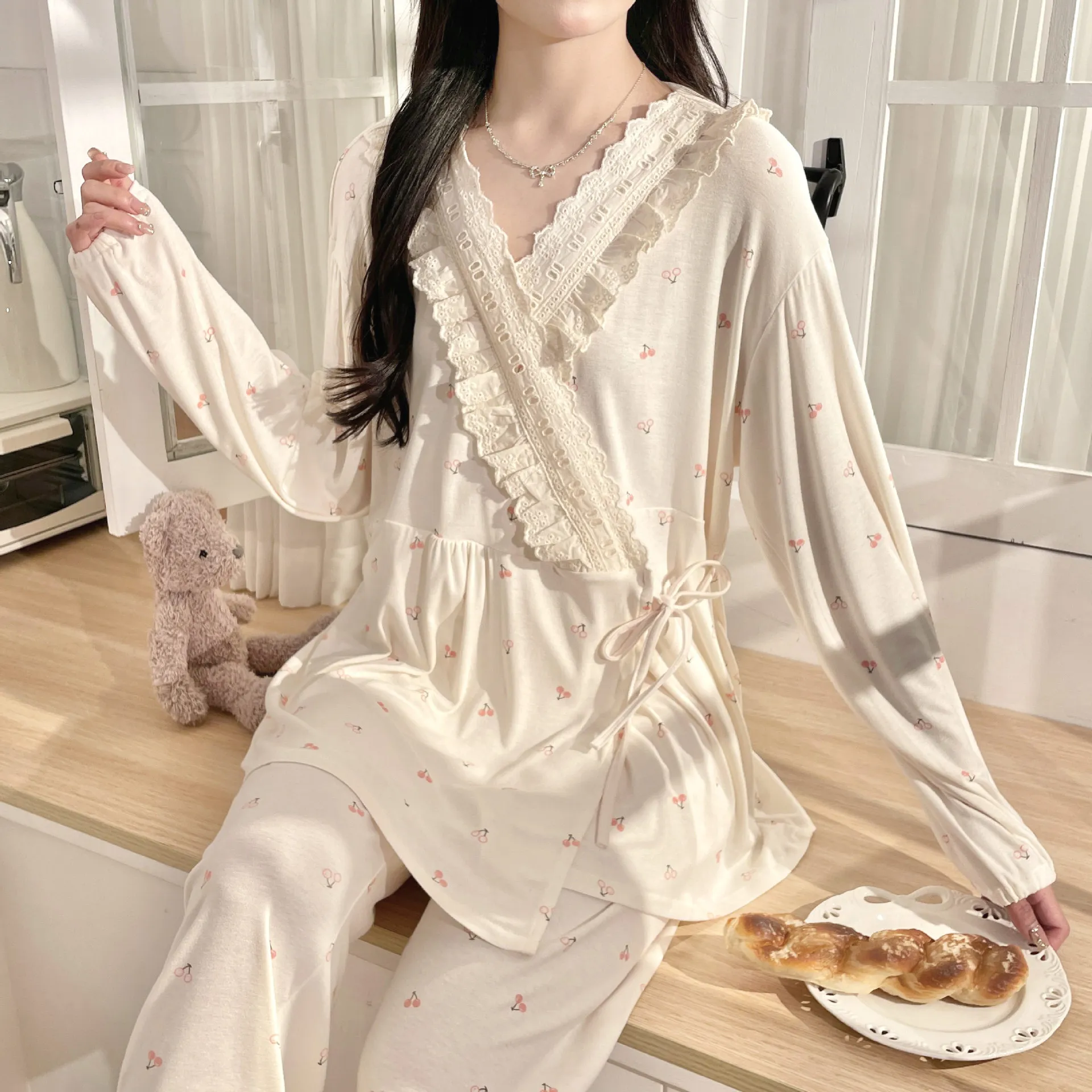 Ropa de dormir de maternidad de fresa Modal embarazo ropa de dormir postnatal pijamas de lactancia camisón de maternidad de lactancia - imagen 4