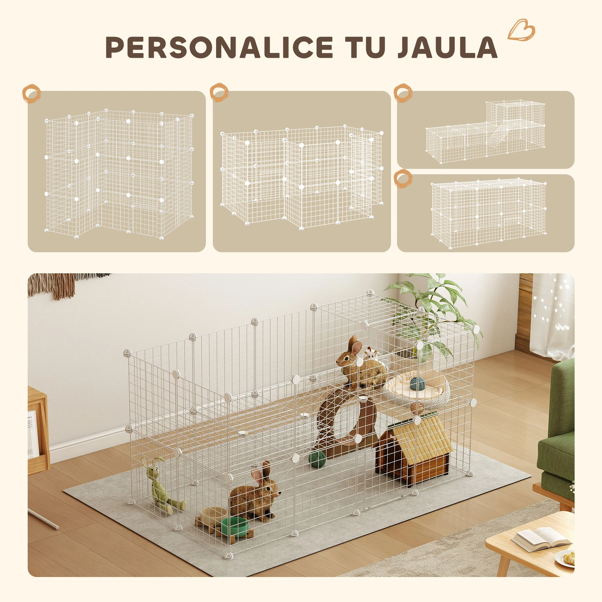 PawHut Valla Metálica para Mascotas de 36 Paneles, Jaula para Animales Pequeños, Forma Personalizable, Jaula para Conejos, Cobayas, Chinchillas, Gatitos, 146x73x73 cm, Blanco - imagen 4