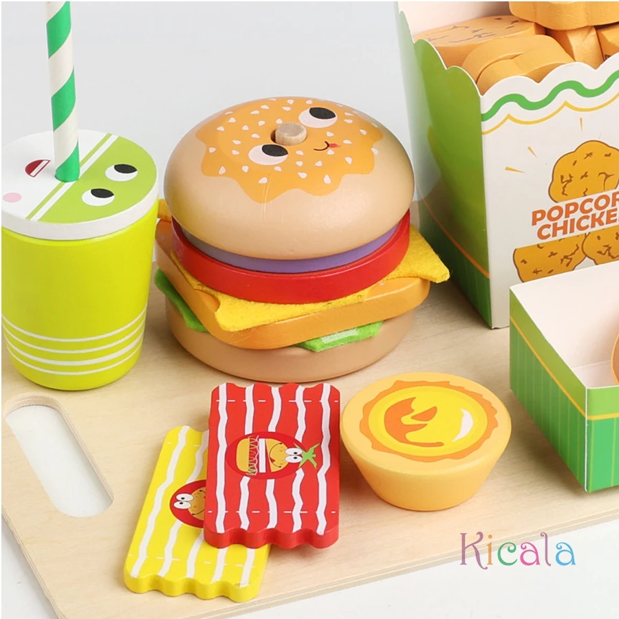 Juego de cocina para niños, hamburguesa, patatas fritas, comida, juegos de casa, hamburguesa, sándwich, cocina apilable, juguete para juego de imitación, regalo de Navidad - imagen 4