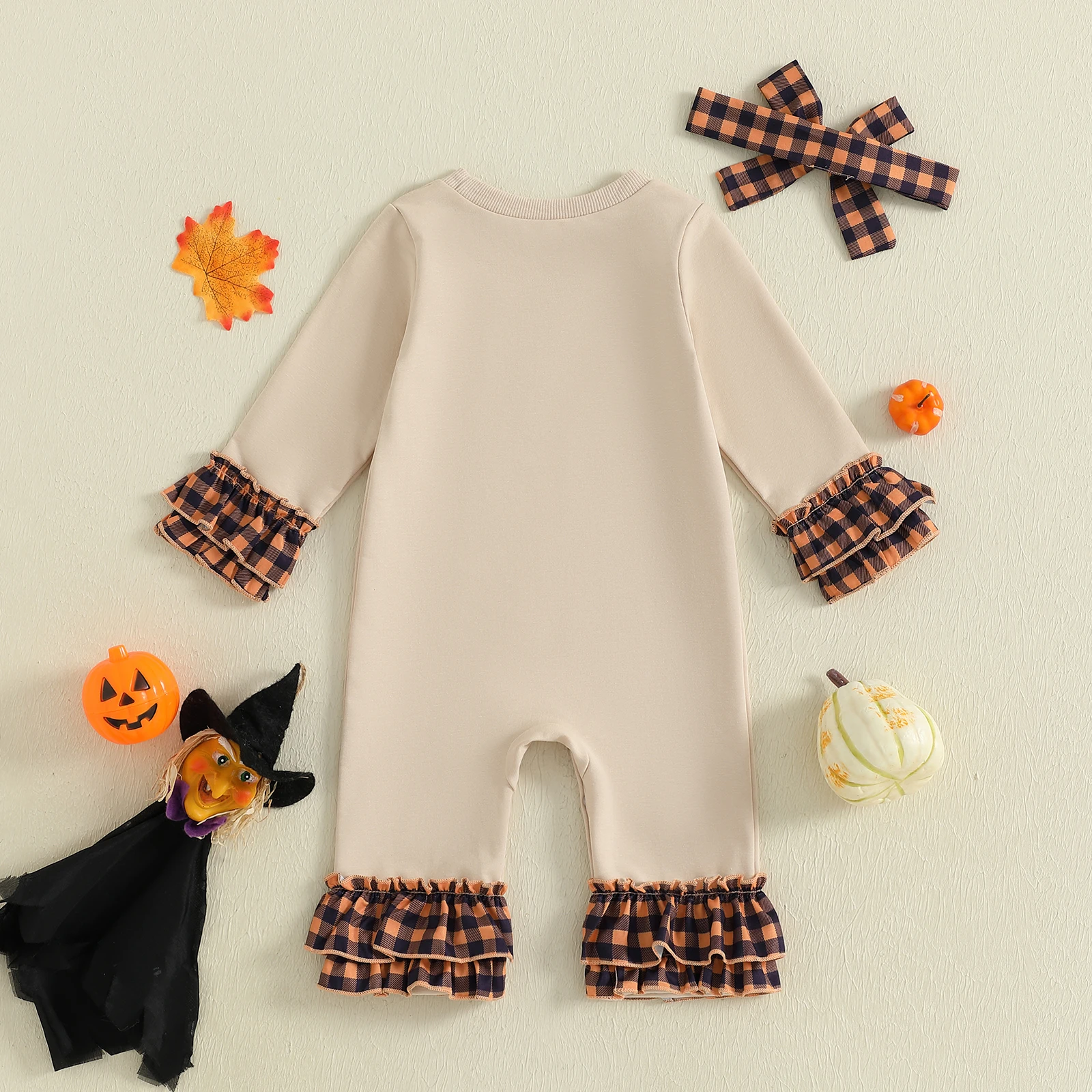 Traje de Halloween para niña de 0 a 18 meses, pelele con estampado de fantasma a cuadros, mono de manga larga con cuello redondo y diadema con lazo - imagen 2