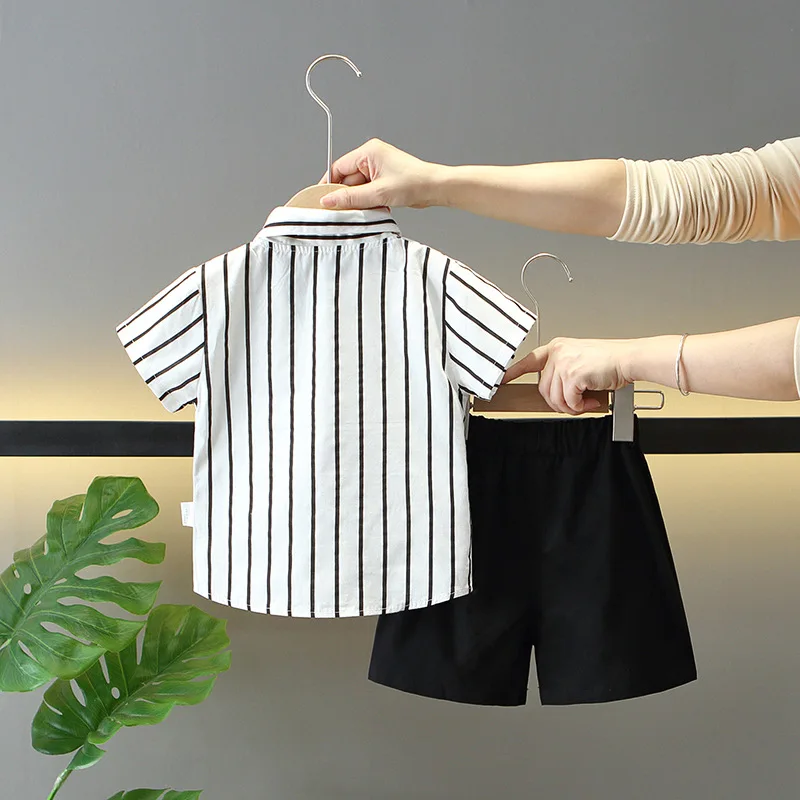Conjuntos de verano para niños, traje coreano a la moda con lazo a rayas, Tops de algodón de manga corta para bebés y pantalones cortos, ropa de Boutique para niños, ropa para niños pequeños B013 - imagen 2