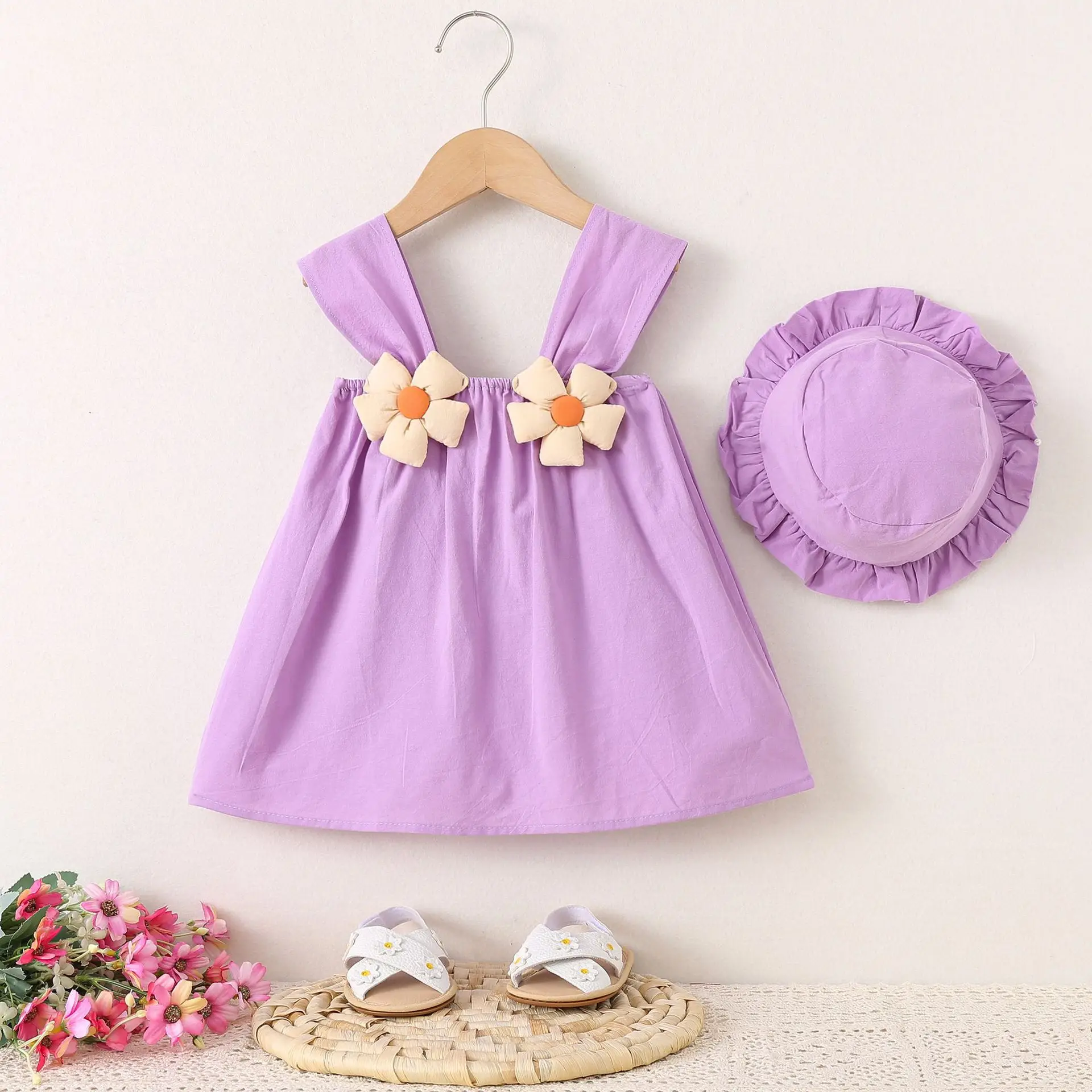Vestidos de verano para niñas, moda coreana, bonitos flores, sin mangas, vestido de princesa de algodón + sombrero, ropa de Boutique para niños BC1592 - imagen 3
