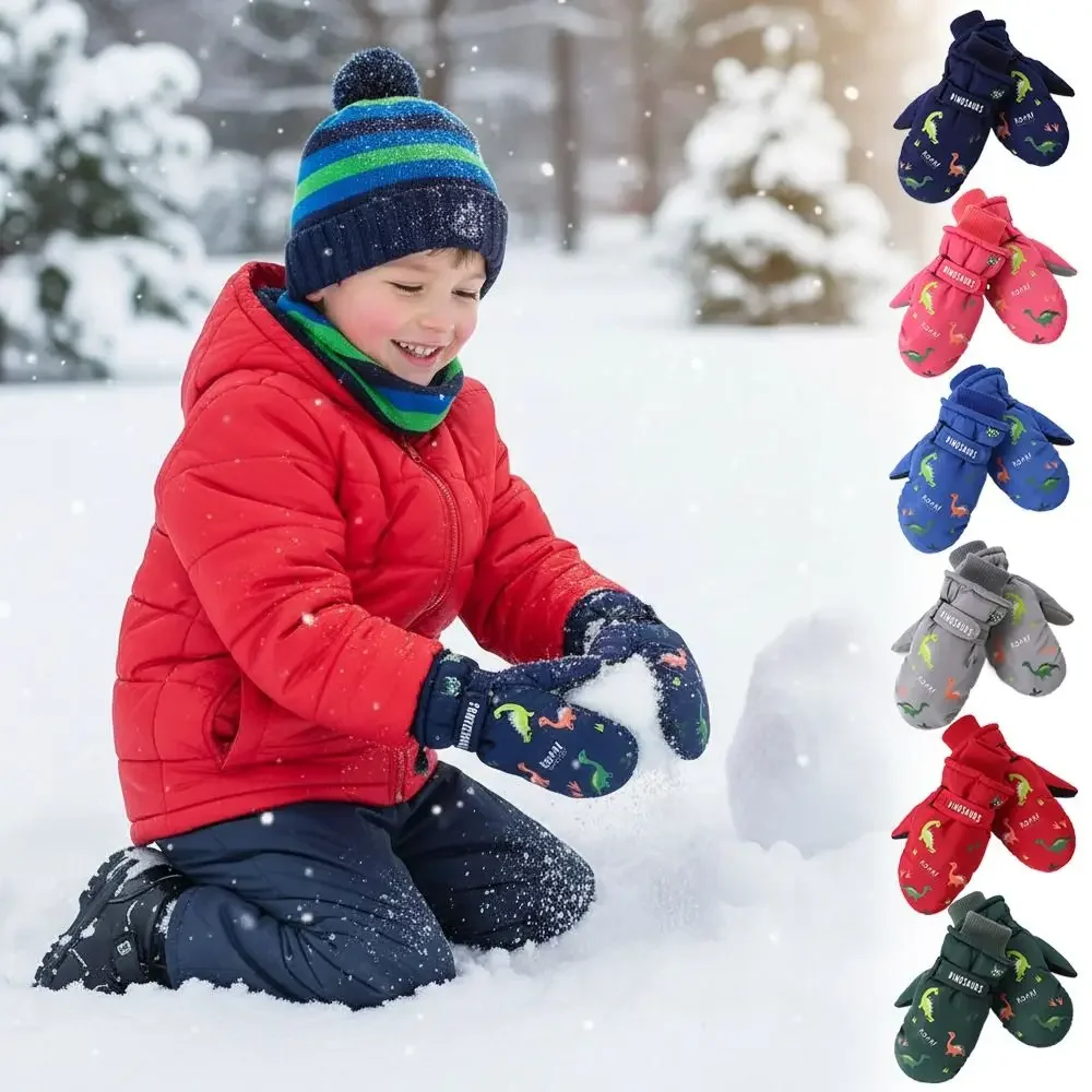 Guantes de esquí dinosaurio térmicos impermeables para niños y niñas