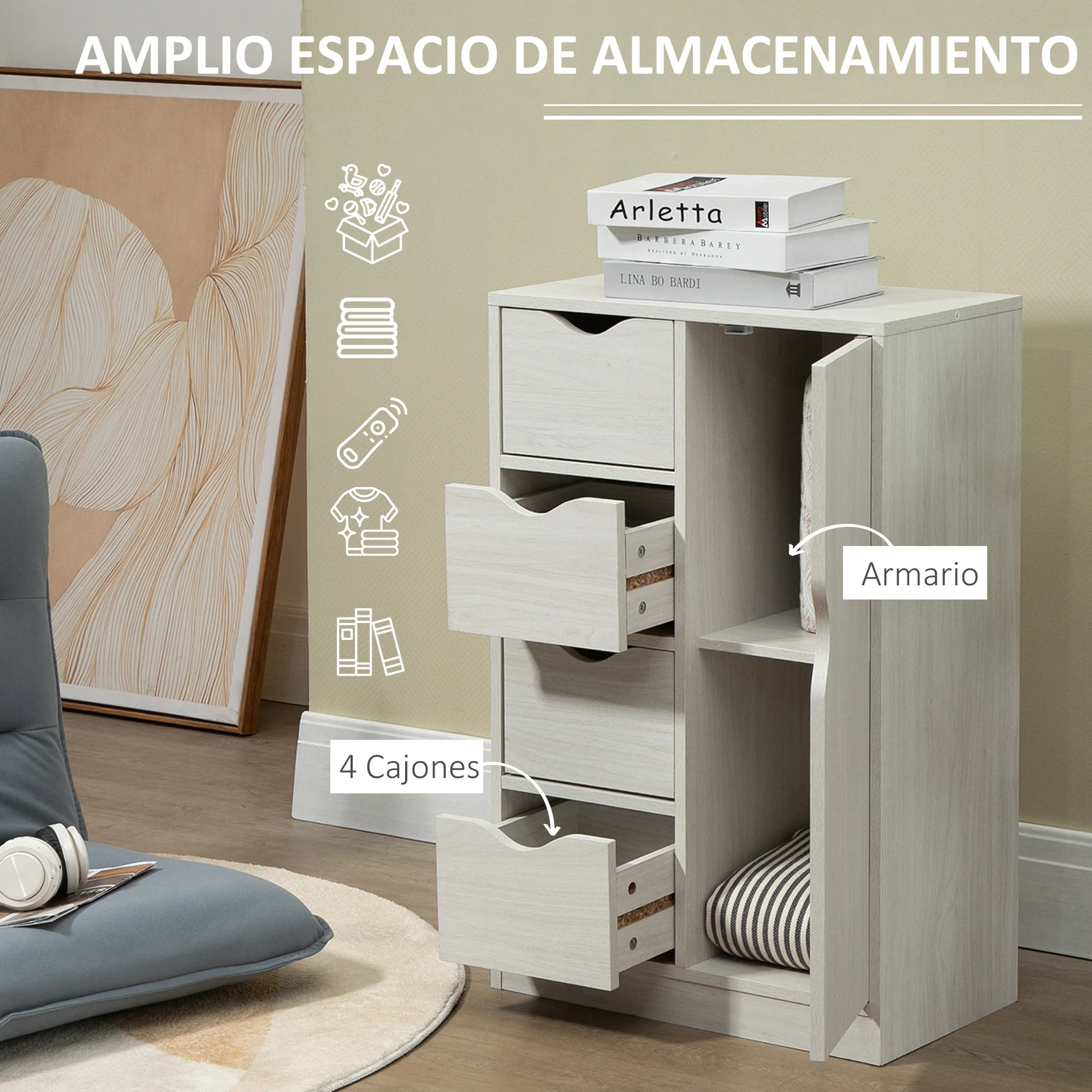 HOMCOM Armario de Salón Aparador Auxiliar con 4 Cajones 1 Puerta y Estante Interior Mueble de Almacenaje Multiusos para Baño Dormitorio Comedor 54x29x83 cm Blanco con Grano de Madera - imagen 5