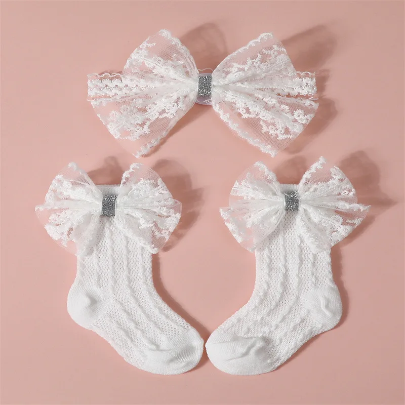 Lindo 1 Juego de calcetines con lazo para bebé, diademas para recién nacido, calcetines de punto cálidos de encaje suave, diademas para niñas y niños, calcetines medios nuevos - imagen 5
