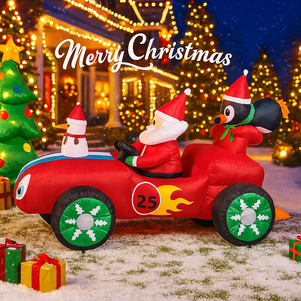 Juguete inflable gigante de Navidad de 7,87 pies, coche de Papá Noel, muñeco de nieve, pingüino, luces LED, suministros para fiesta de césped y patio, adornos para decoración del hogar - imagen 2
