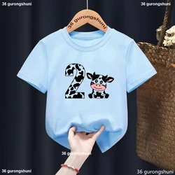 Camiseta Kawaii de vaca para niño y niña – Manga corta azul gris