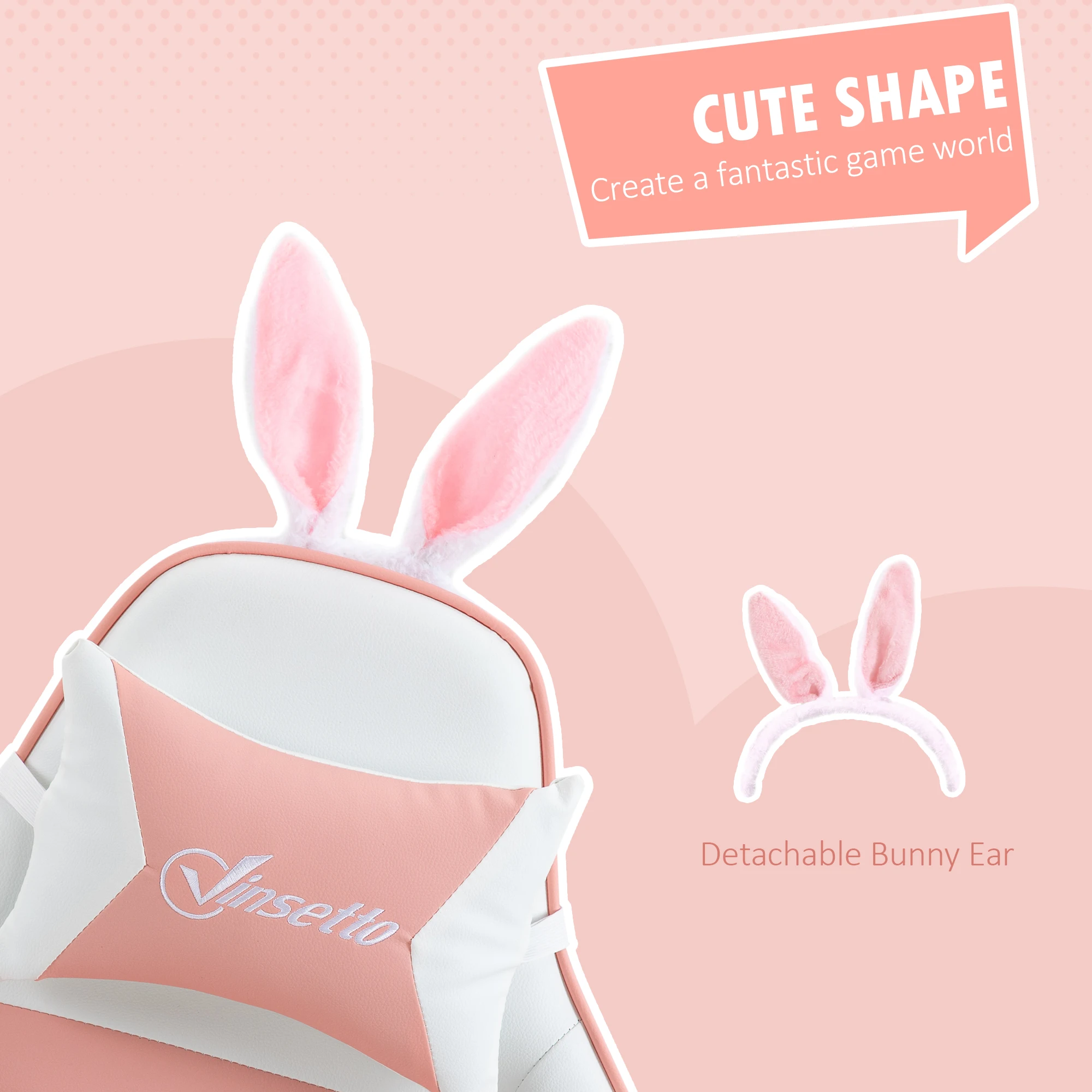 Vinsetto Silla Gaming Profesional Silla Gamer Racing Giratoria de Cuero PU con Altura Ajustable Inclinable 135° Reposacabezas y Reposapiés para Oficina Estudio 65x63x136-142 cm Rosa y Blanco - imagen 4